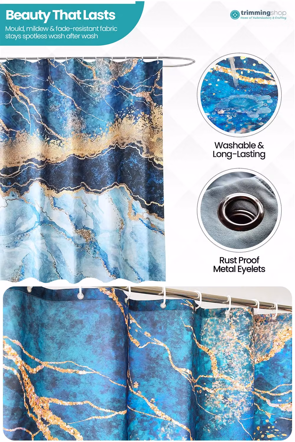 Neel Blue Abstract Blue Waterproof Shower Curtain, Mould Resistant Polyester Fabric, W: 180 cm, H: 200 cm – 4