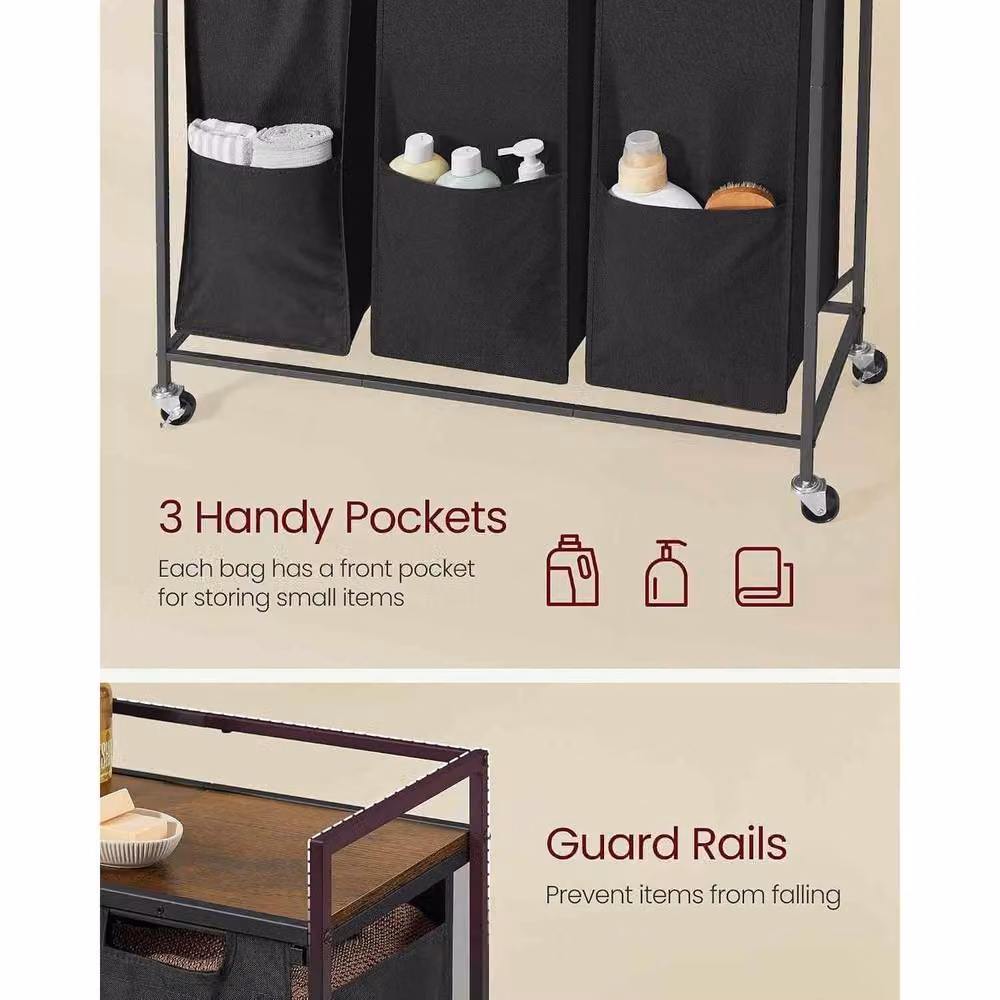 The Bazaarist 3 Bag Rolling Laundry Sorter Cart with Shelves, Black and Brown – 4