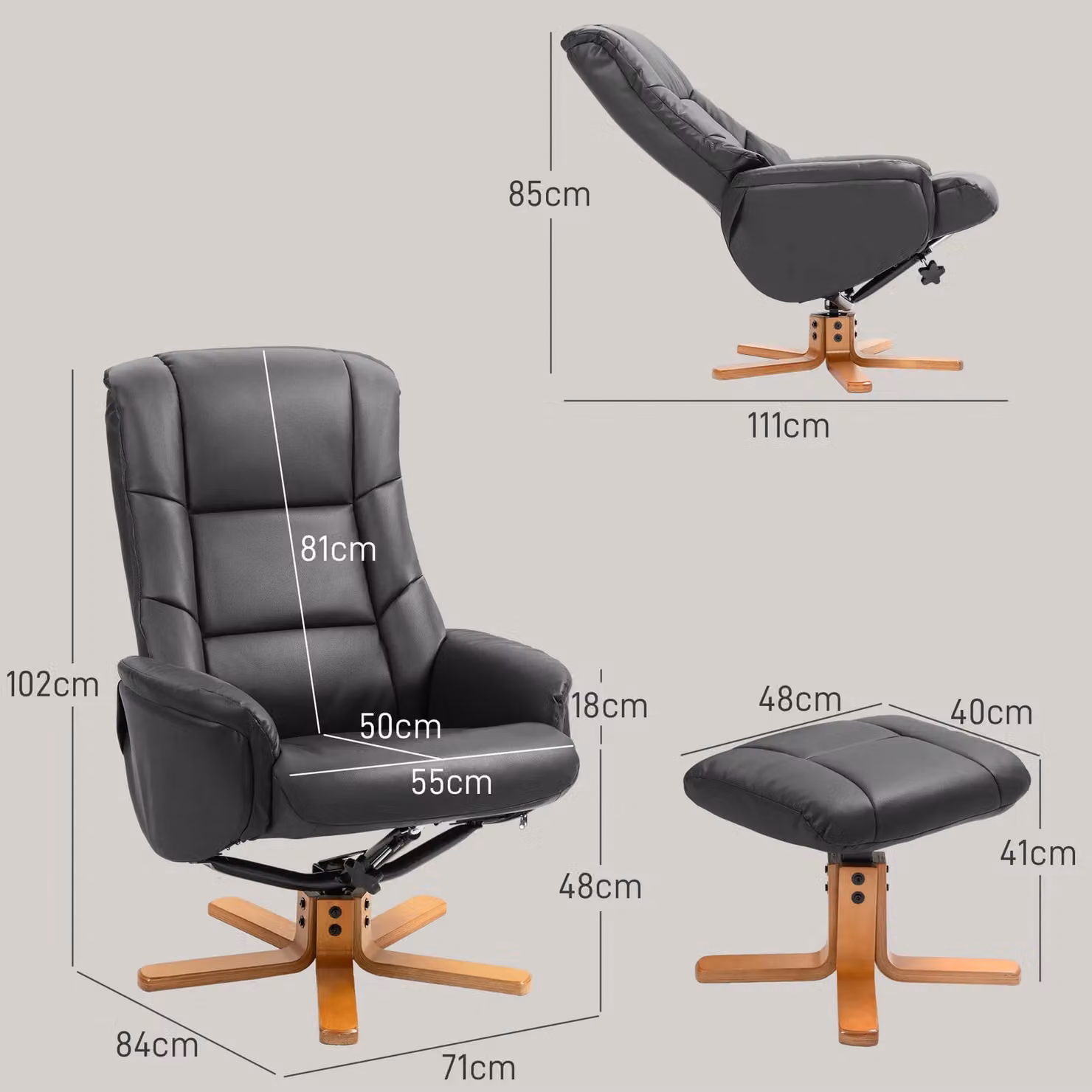 HOMCOM Black Synthetic Leather Recliner Armchair with Solid Wood Base – 3