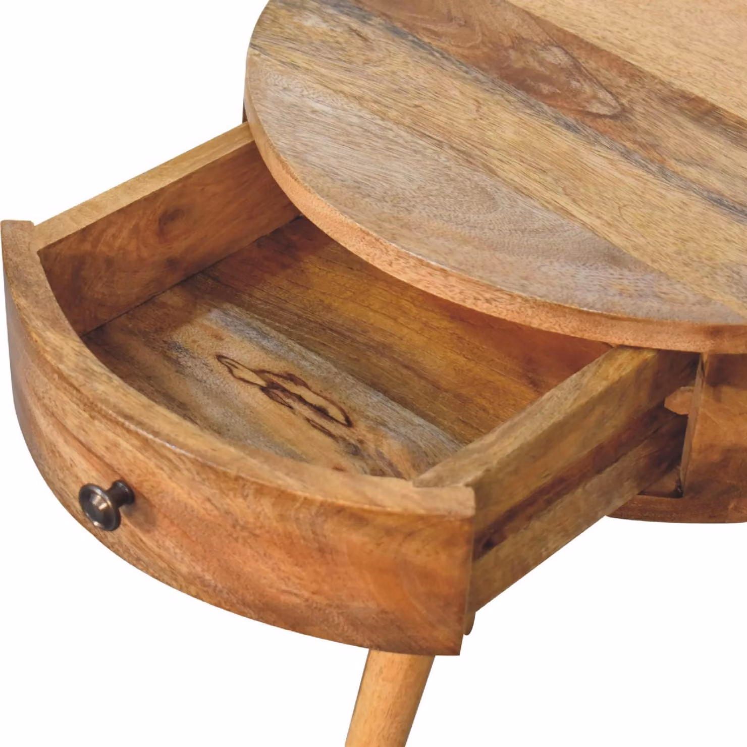 Aosom UK Solid Mango Wood Mini Circular Bedside Table with Smooth-Glide Drawer and Oak-Effect Finish, Brown, W: 40 cm, D: 32 cm, H: 52 cm – 3