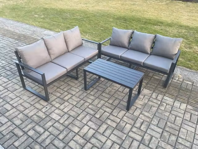 Fimous 3 Piece Outdoor Garden Lounge Sofa Set with Oblong Coffee Table in Dark Grey