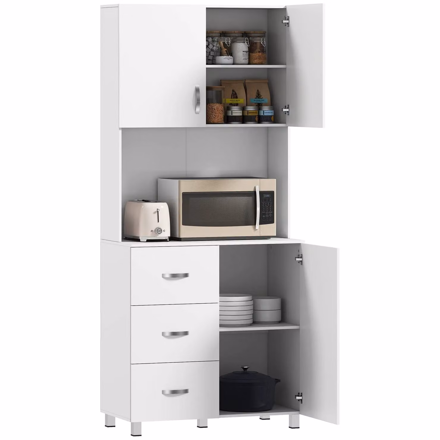 HOMCOM Tall White Wooden Kitchen Storage Cabinet with Drawers and Open Shelving, H 183.5 x W 48.7 x D 39.5 cm – 2