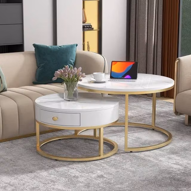 STILVORA Set of 2 White Nesting Coffee Tables with Drawer and Shelves – 1