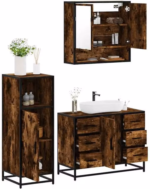 Berkfield Home 3 Piece Industrial Bathroom Furniture Set in Smoked Oak Brown – 1