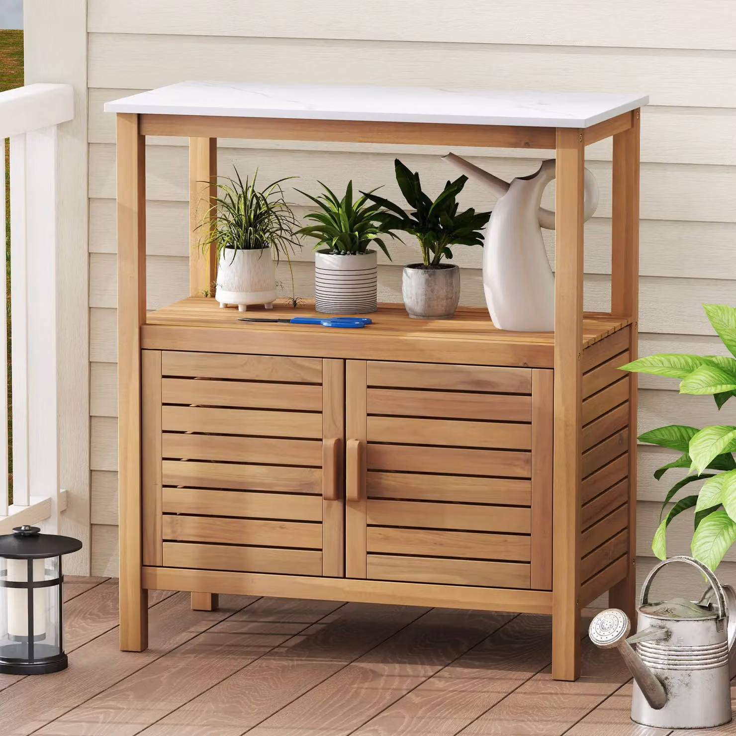 Gymax Outdoor Garden Potting Bench with Acacia Wood and Resin Tabletop in Light Khaki – 2