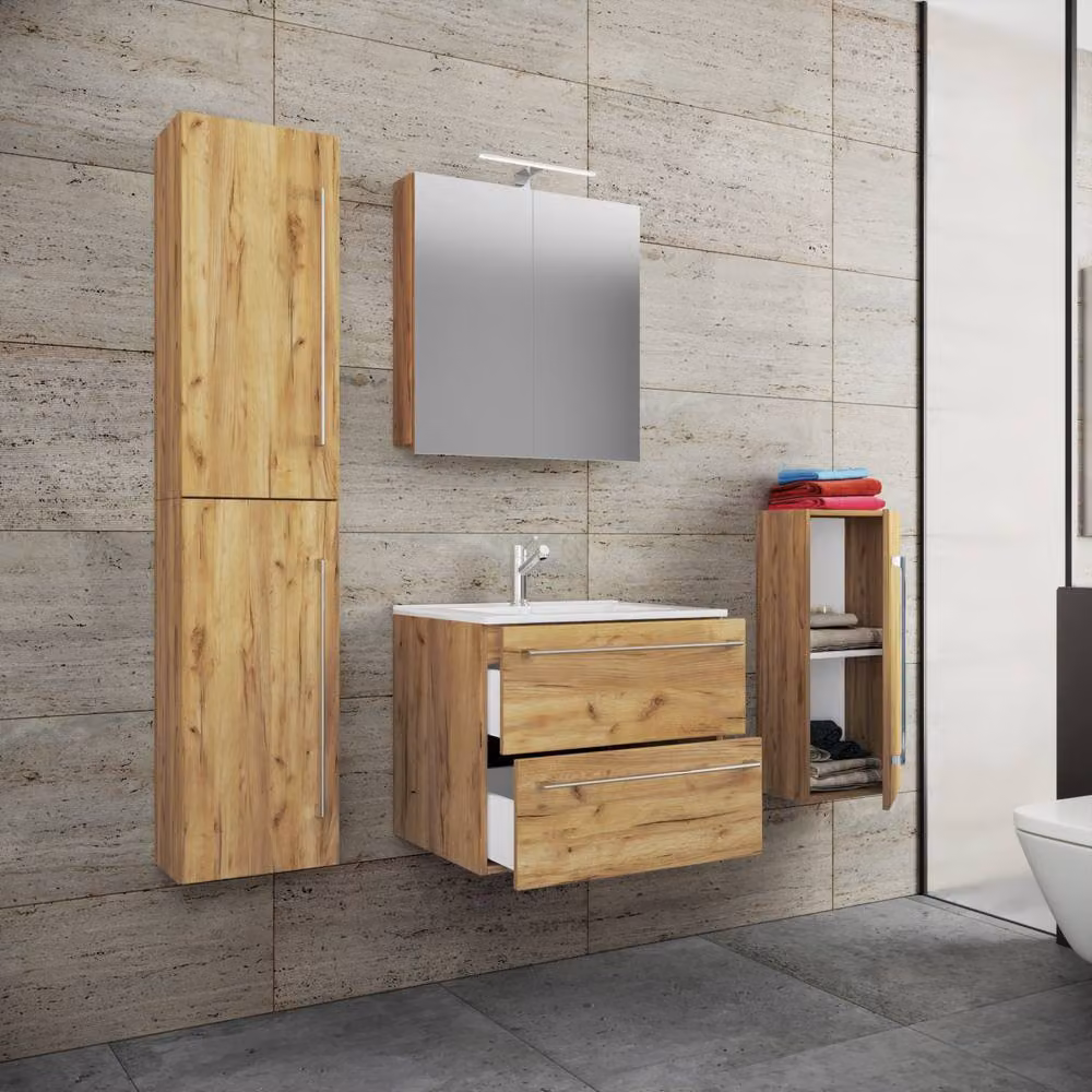 VCM Badinos SC 5-piece modern bathroom furniture set in light oak brown including vanity unit, mirror cabinet, tall cabinet and side cabinet with LED lighting – 2