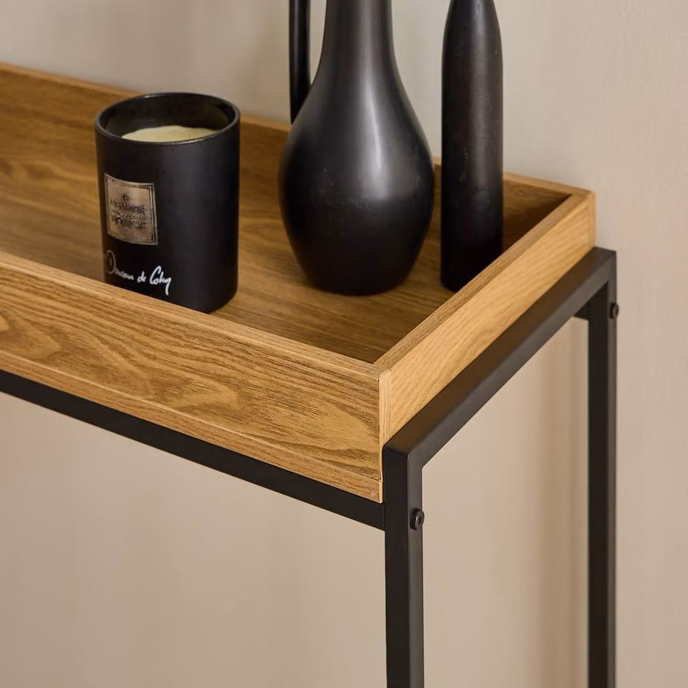 CALICOSY Industrial Console Table with Black Metal Legs and Wood Top in Light Brown, W: 100 cm, D: 30 cm, H: 90 cm – 4