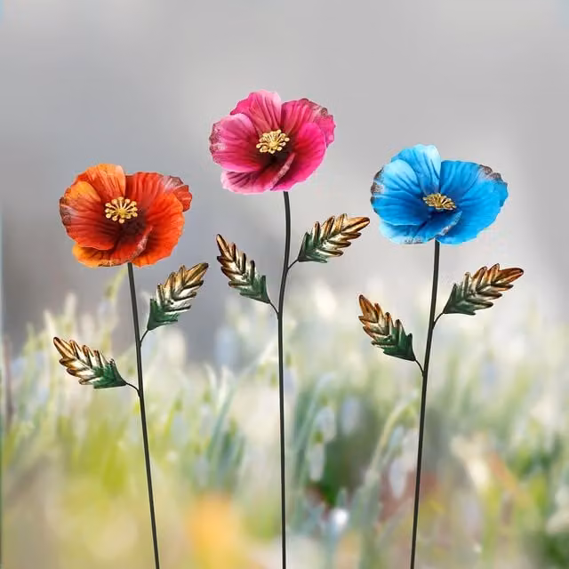 Ornate Collection Multicolour Metal Corn Poppy Plant Stake