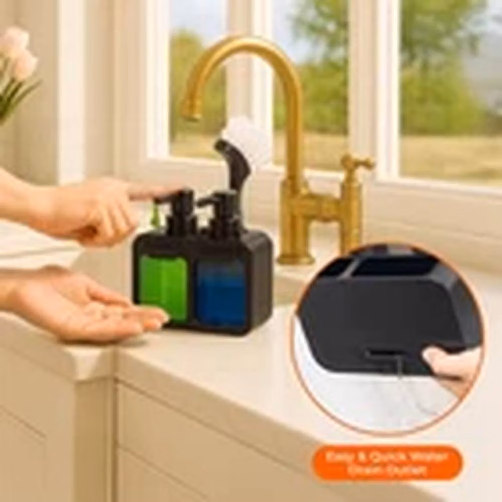 EONLION Dual Soap Dispenser Sink Organiser with 2 x 350ml Hand and Dish Soap Dispensers in Black – 2