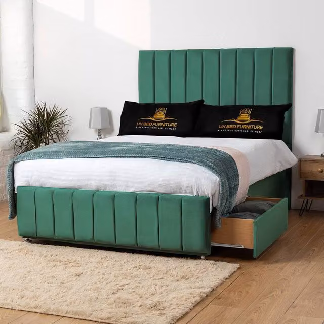 UK Bed Furniture Falcon Divan Bed with 2 Drawers and 26 Inch Headboard in Green Velvet, W/D/H: 140 x 200 cm – 1