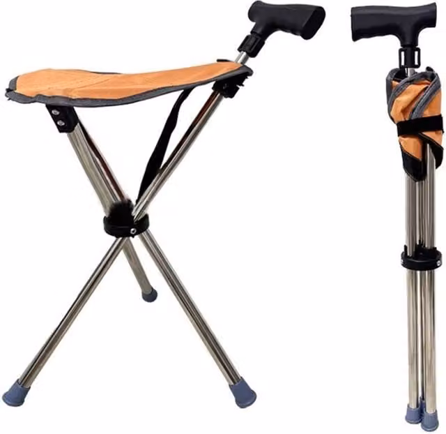EONLION Folding Walking Stick Seat Cane Chair Stool in Brown