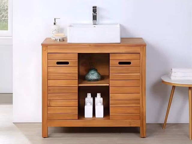 Vente-unique PULUKAN Acacia Wood Bathroom Unit with Single Basin in Walnut, W/D/H: 90 x 50 x 83 cm – 1