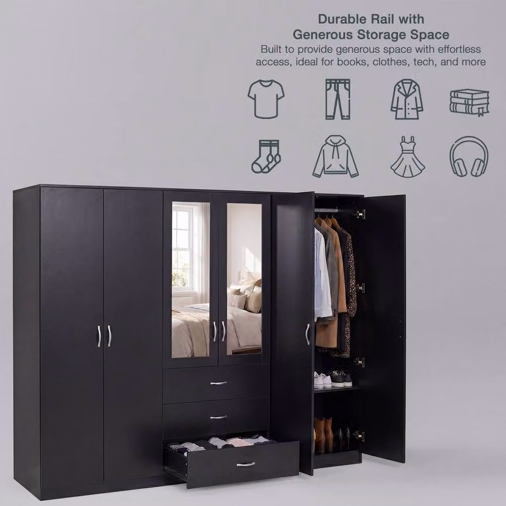 Vida Designs Riano 6 Door 3 Drawer Mirrored Wardrobe in Black – 3