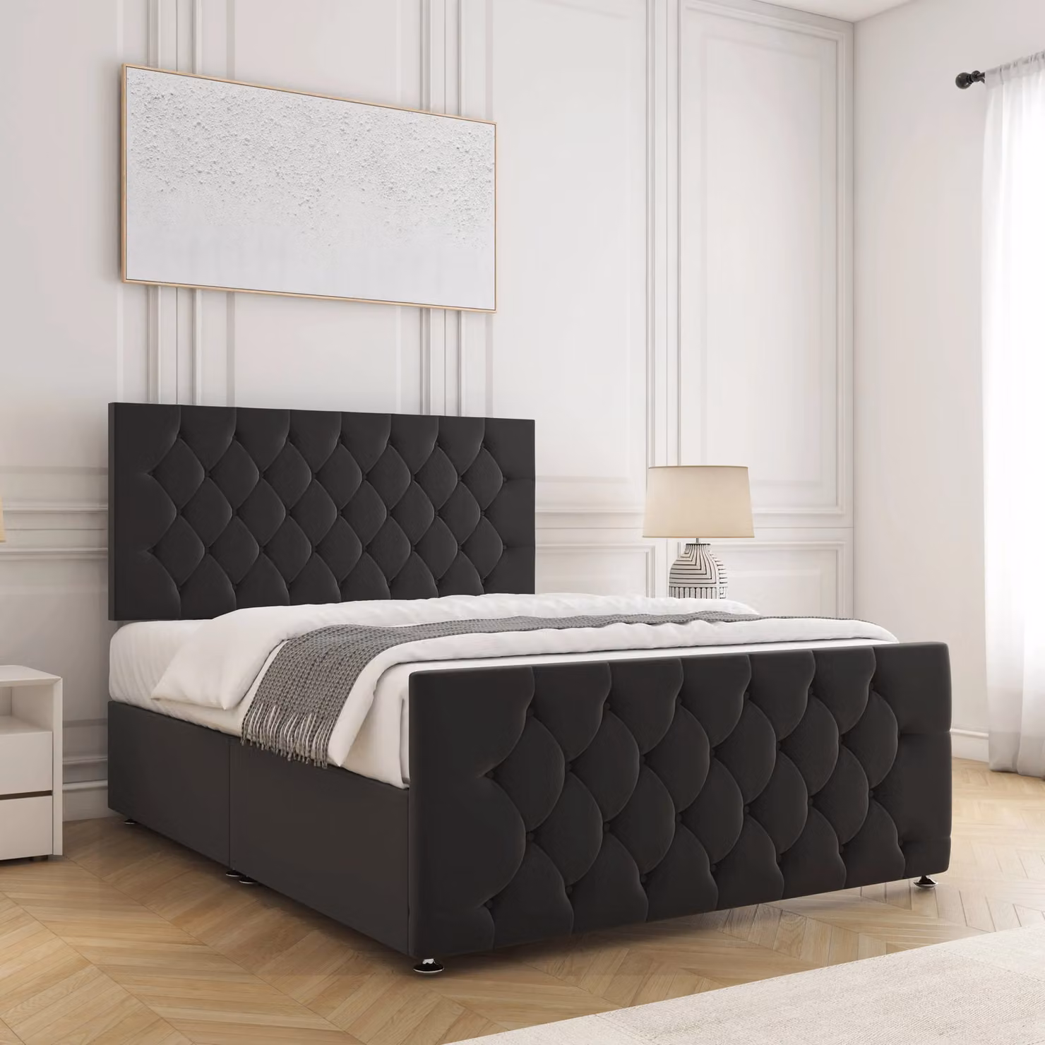 BSSPOKE Maya Double Divan Bed Set with 24 inch Headboard and Mattress in Black Plush Velvet, W/D/H: 140 x 200 cm – 2