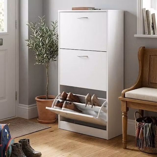 Home Treats White Wooden Shoe Storage Cabinet with Internal Drawers and Flat Shelves, H 118 x W 60 x D 24 cm