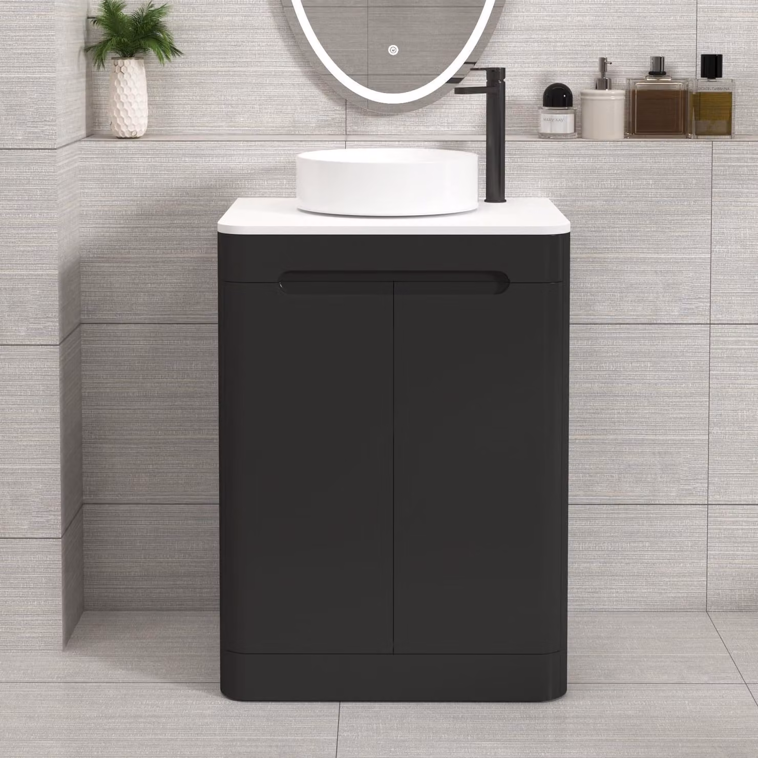 Royal Bathrooms Venice 600mm Matt Nocturne Black Floor Standing 2 Door Vanity Unit with Plain White Worktop and Art Basin