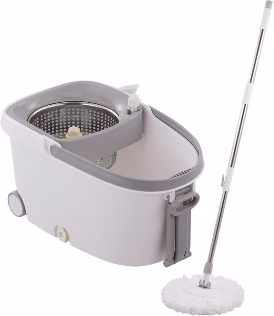Livingandhome Spin Mop Bucket Set with Wringer and 2 Extra Microfibre Heads, Grey and White