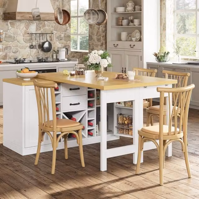 Merax Extending Kitchen Island Dining Table with Wine Rack and Bin Compartment in White