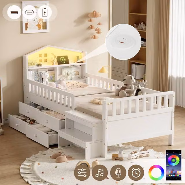 Rolipo White Solid Wood Childrens House Bed Frame with Storage Drawers, LED Lighting and USB Ports, W/D/H: 140 x 200 cm