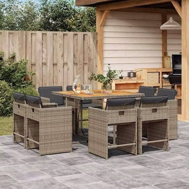 Berkfield Home Garden Modern Polyrattan Dining Set in Grey and Brown with Acacia Wood – 1