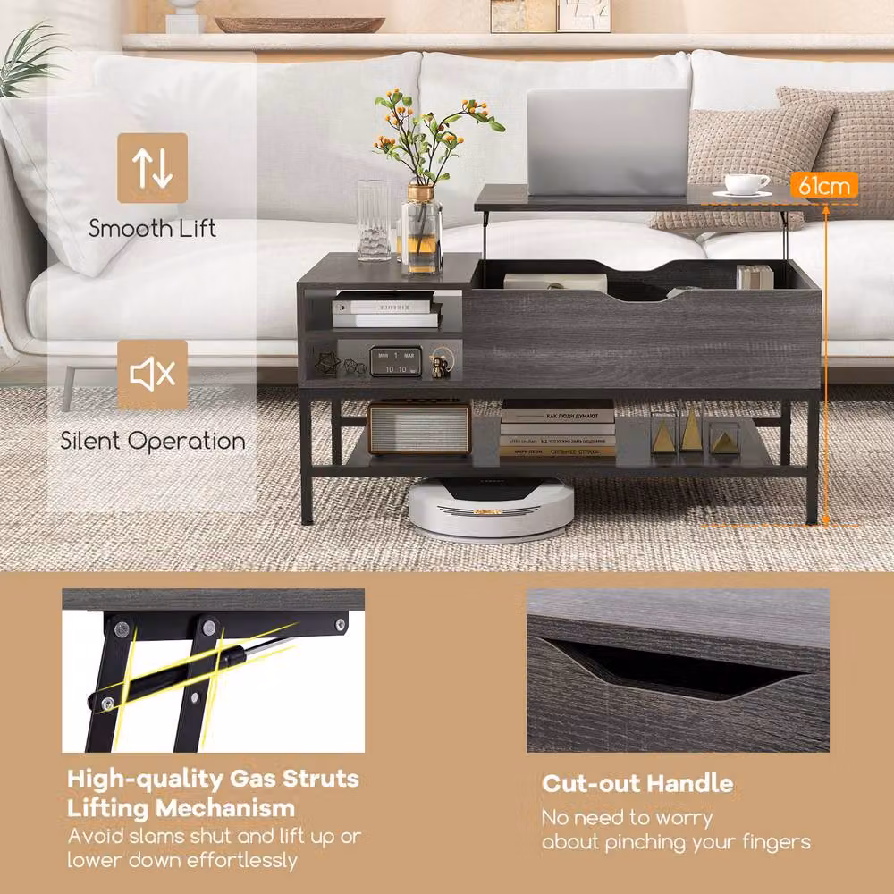 Costway Modern Lift Top Coffee Table with Removable Shelf in Grey – 5