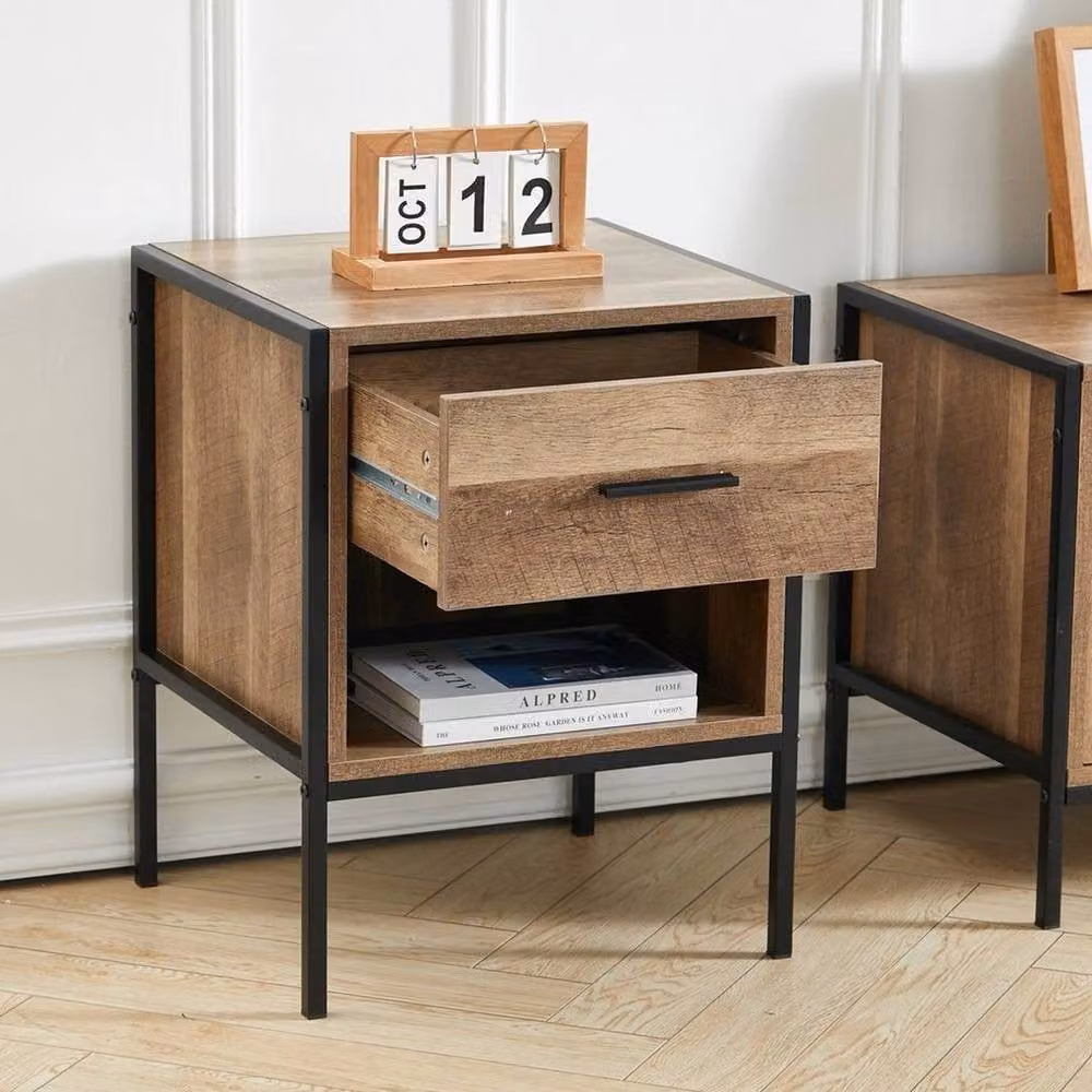 KORVIXA Industrial 1 Drawer Rustic Bedside Table in Brown and Black – 3