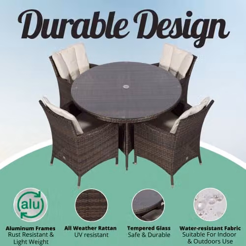 Giardino Savannah 4 Seater Rattan Garden Dining Set with Round Table, Parasol and Cover, Brown and Grey, Diameter: 120 cm – 2