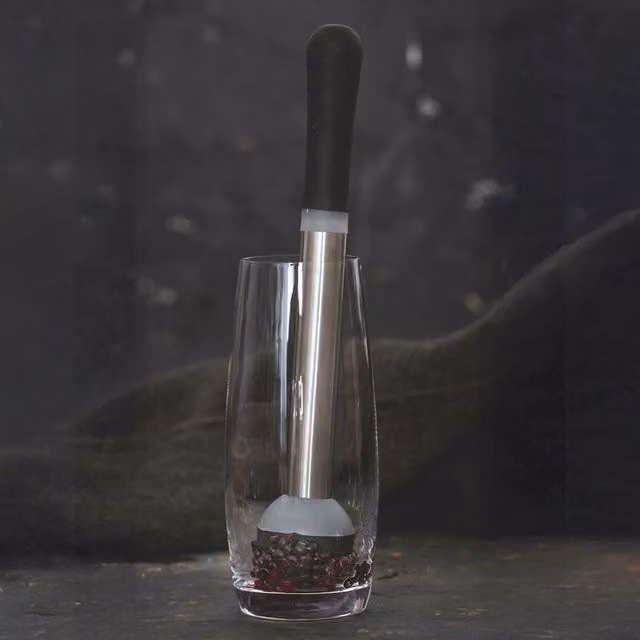 BarCraft Stainless Steel and Silicone Cocktail Muddler with Ergonomic Grip in Silver and Yellow