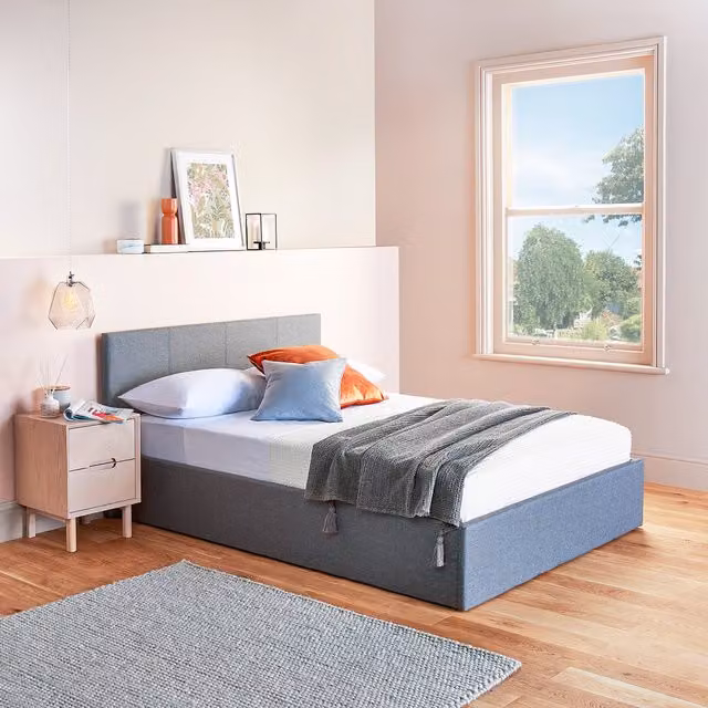 Home Treats Grey Upholstered Side Lifting Ottoman Storage Bed with Hybrid Sprung Memory Foam Mattress, W/D/H: 180 x 200 cm
