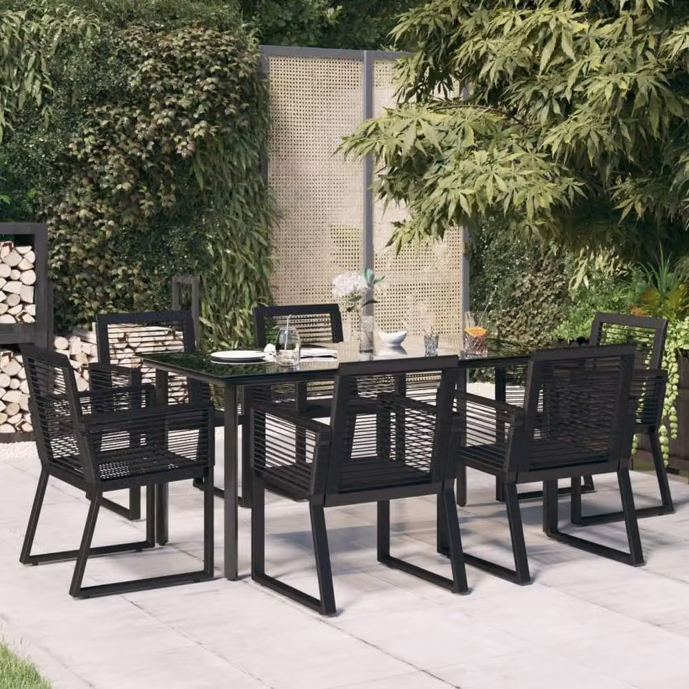 Berkfield Home 7 Piece Black PVC Rattan Garden Dining Set with Glass Top Rectangular Table – 2