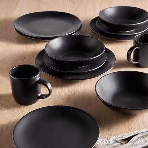 VonShef 16 Piece Matte Black Stoneware Dinner Set for 4, including Dinner Plates (Diameter: 28 cm), Side Dishes (Diameter: 21 cm), Bowls (Diameter: 16 cm) and Mugs, Dishwasher and Microwave Safe – 6