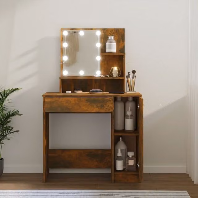 Berkfield Home Dressing Table with LED in Smoked Oak Brown, W: 86.5 cm, D: 35 cm, H: 136 cm