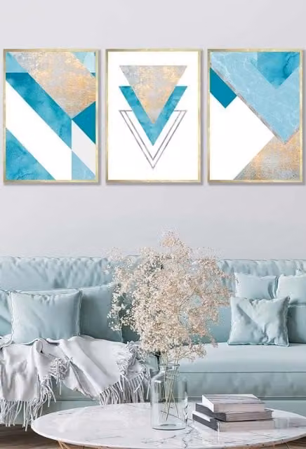ARTZE Set of 3 Mid Century Geometric Abstract Wall Art in Aqua Blue and Gold, W: 33 cm, H: 45 cm, D: 2 cm
