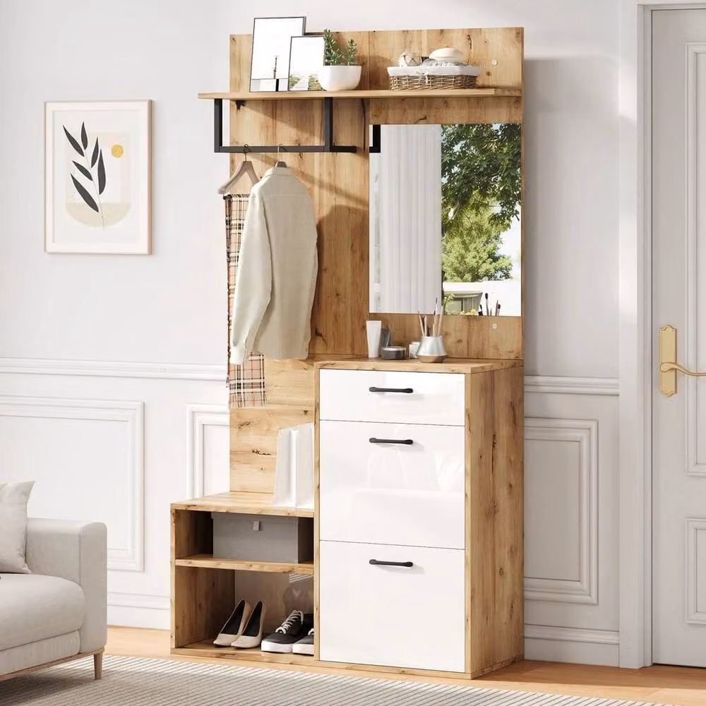 KORVIXA Modern Hall Tree Entryway Unit with Mirror, Drawer and Bench in White, Brown and Multicolour, W: 100 cm, H: 120 cm – 3