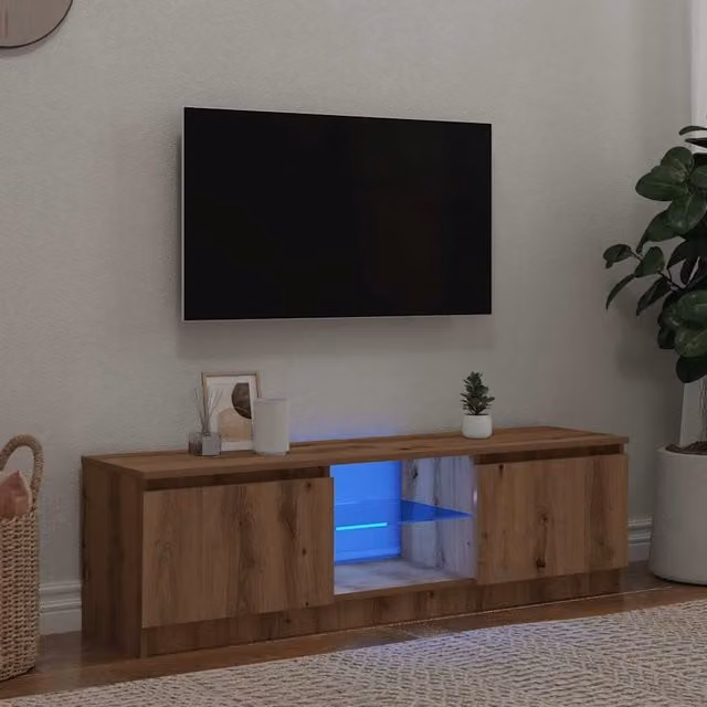 Berkfield Home Modern TV Cabinet with LED Lights in Artisan Oak Brown, W/D/H: 120 x 30 x 36 cm