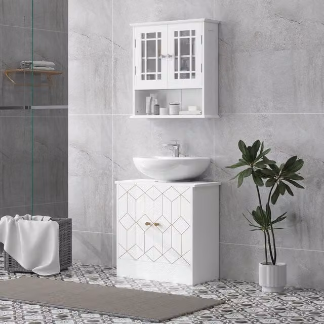 HOMCOM White Modern Freestanding Bathroom Under Sink Cabinet with Internal Shelves and Hinged Doors
