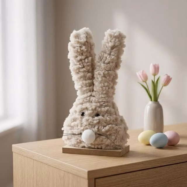 Garden Greatness Fluffy Bunny Figurine on Wooden Base in Beige and Multicolour