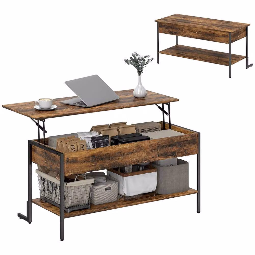 FORGEVIO Lift Top Coffee Table with Hidden Compartment and Shelf, Rustic Brown and Black, W/D/H: 95 x 40 x 46.5 cm – 3