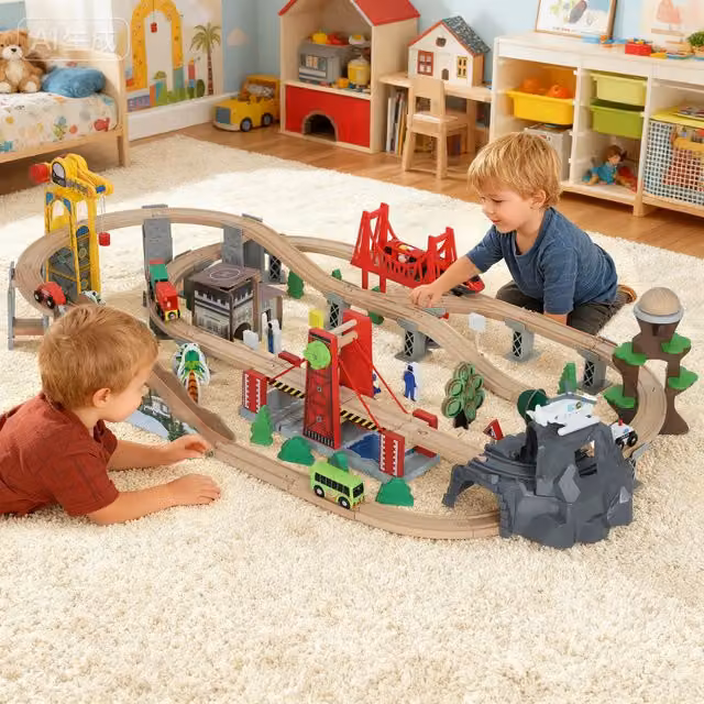 AIYAPLAY 100 Piece Wooden Push Train Set with Crane in Multicolour and Green