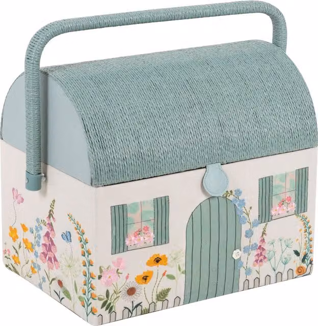 Hobby Gift Country Cottage Sewing Box in Multicolour and White with Handles
