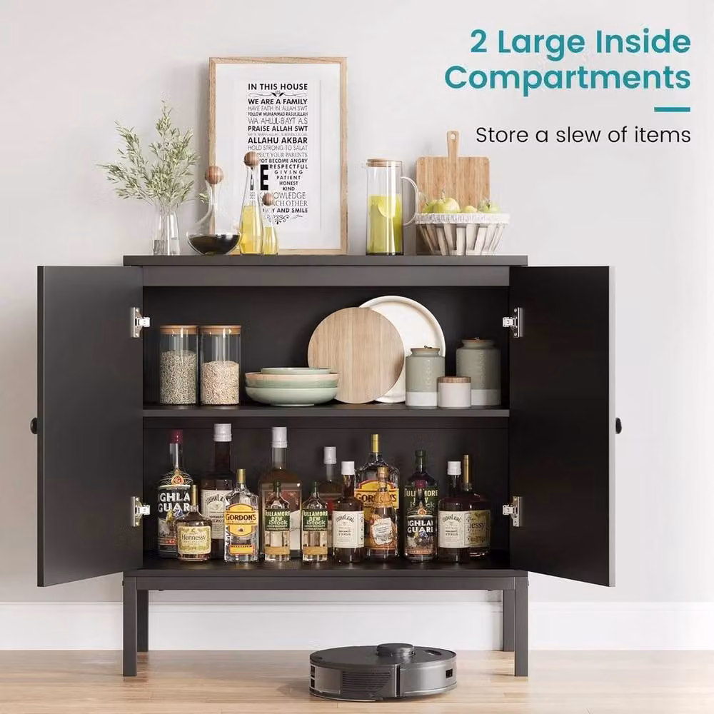 VOGREX Black Rattan Sideboard Storage Cabinet Freestanding Boho Kitchen Cupboard – 5
