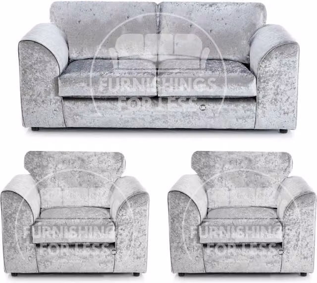 Furnishings For Less UK 3 Piece Crystal Crushed Velvet Sofa Suite in Silver, including 3 Seater, 2 Seater and Armchair – 1