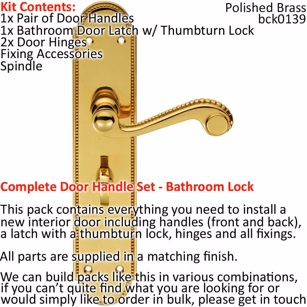 Loops Polished Brass Victorian Scroll Lever Door Handle and Bathroom Lock Pack – 2