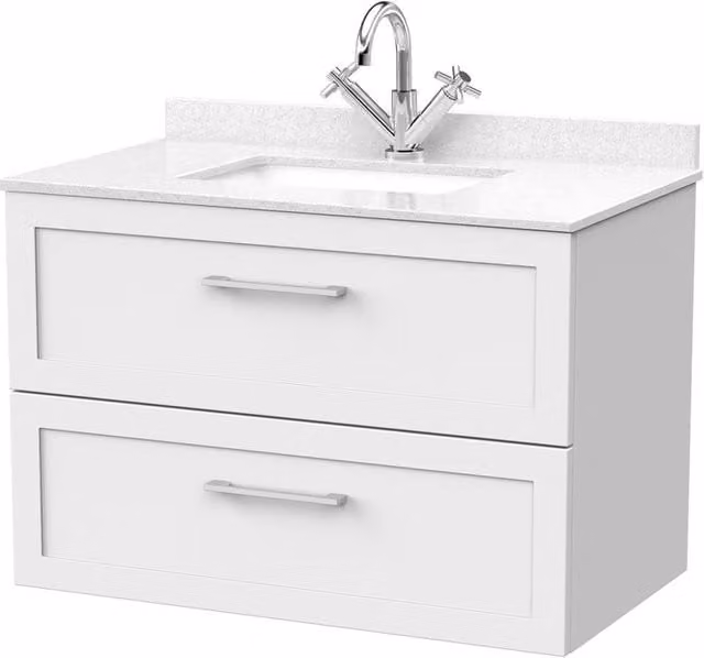 Balterley Stonnall Wall Mounted 2 Drawer Vanity Unit with Marble Top and Basin, Matt White, Width: 80 cm
