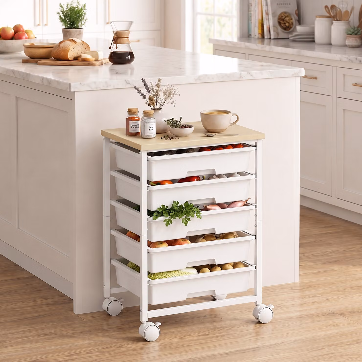 HOMCOM 6-Tier Metal and MDF Storage Trolley on Wheels with 5 Pull-Out Drawers, White, W: 38.5 cm, D: 28.5 cm, H: 53.5 cm – 2