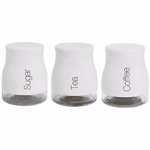 Gr8 Home Set of 3 White Glass Kitchen Storage Canisters for Tea, Coffee and Sugar with Screw Lids