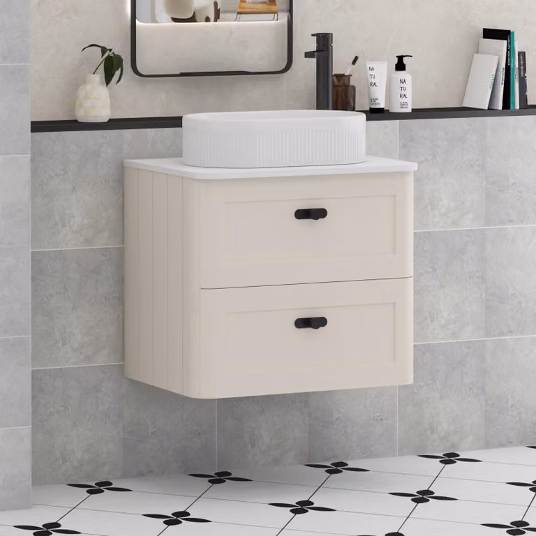 Royal Bathrooms Henley 600mm Wall Hung Vanity Unit in Mushroom Cashmere with Lyon Basin, Plain White Worktop and Matt Black Knobs