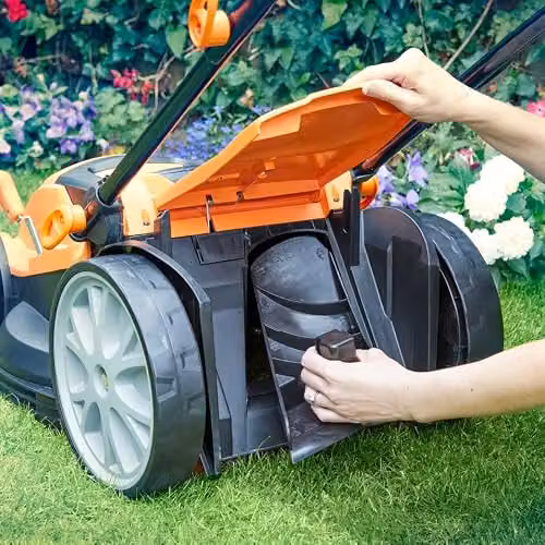 LawnMaster 1800W Electric Lawnmower in Orange with Mulching Kit and Collection Bag – 4