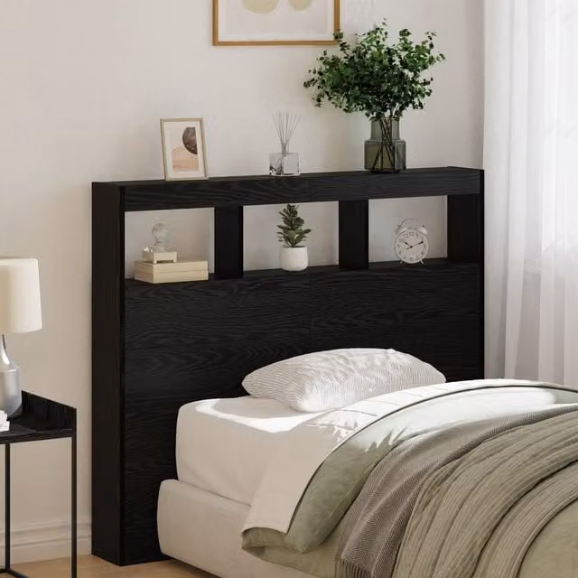 Berkfield Home Black Oak Headboard with Integrated Lighting and Bedside Shelf, W/D/H: 120 x 17 x 102 cm – 1