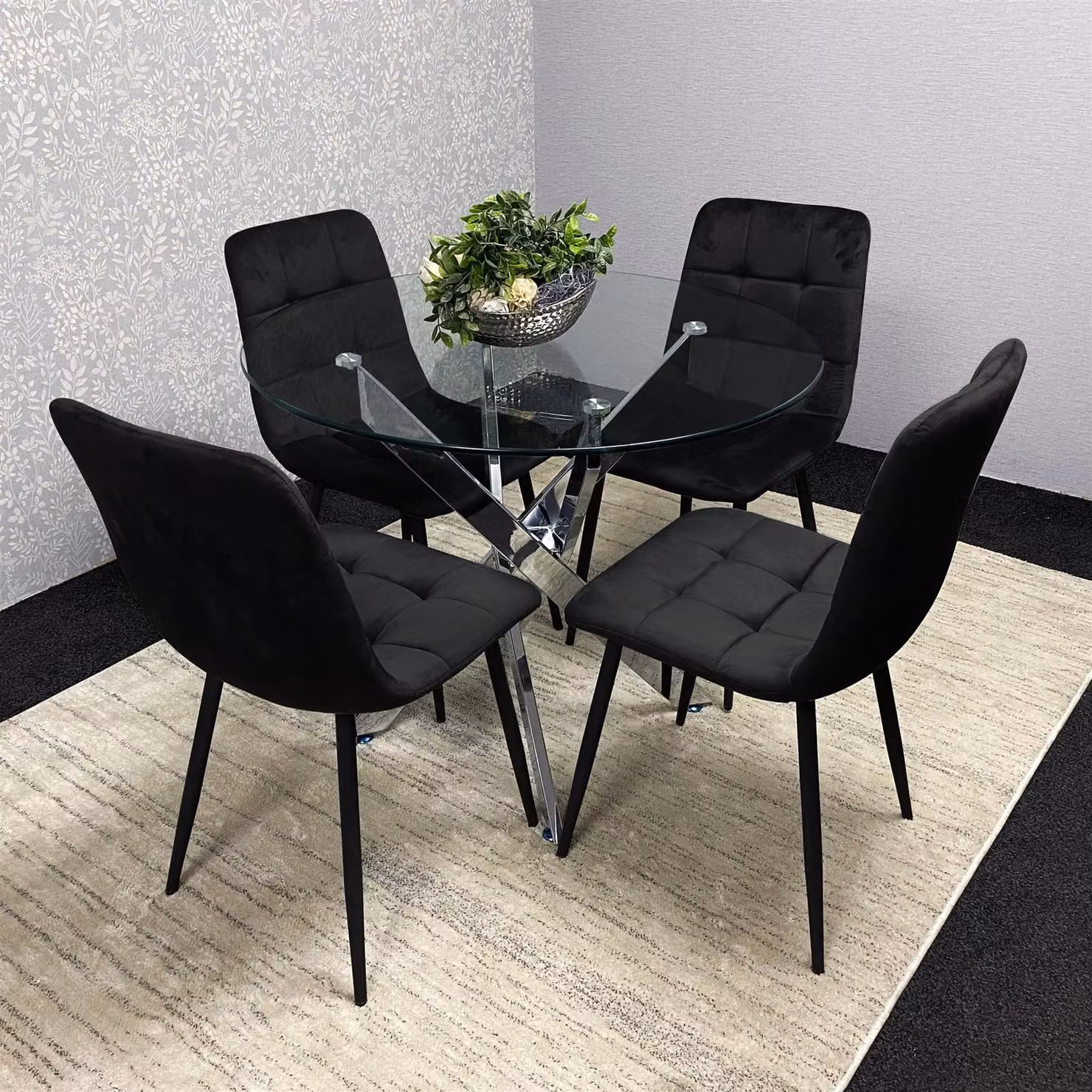 KOSY KOALA Round Glass Dining Table and 4 Black Velvet Chairs Set in Brown – 2